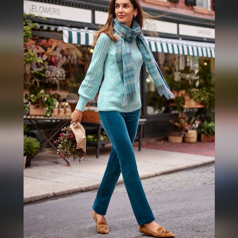 Talbot's Peacock Blue Corduroy Straight Leg Pants 14 Petite Stretch Mid Rise